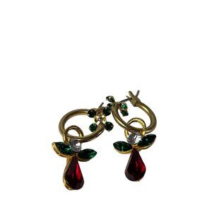 Goldtone Hoop Earrings With Red Green Rhinestone Angel Charms 1.25 inch